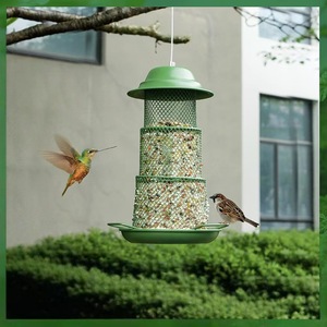 Mangeoire à oiseaux sauvages en métal, mangeoire à graines suspendue en maille avec toit résistant aux intempéries, mangeoire à oiseaux à 3 niveaux de grande capacité pour jardin extérieur - Product Image 3