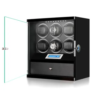 DRKILUX New Design Tempered Glass Door Fingerprint Lock Luxury High Gloss Wooden 6 Watch Winder Box