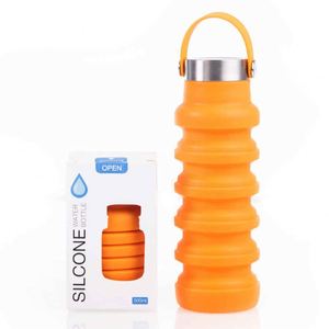 Silicone Collapsible Water Bottle 500ml Portable Travel Mug Orange Screw-On <b>Cap</b> - Product Image 1