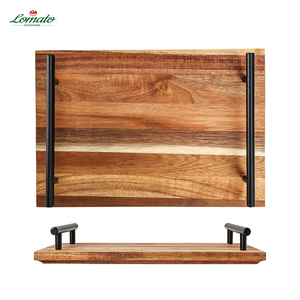 ชุดถาดเสิร์ฟไม้อะคาเซียสี่เหลี่ยมเป็นมิตรกับสิ่งแวดล้อมถาดชาขนมเช้าพร้อมที่จับโลหะ - Product Image 5