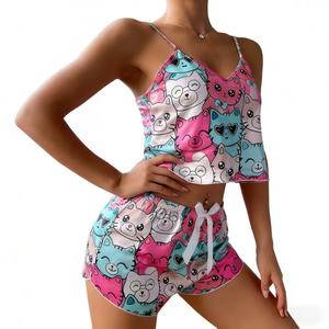 ชุดนอนผ้าซาตินลายสัตว์สำหรับผู้หญิง <span class=keywords><strong>ขา</strong></span>ยส่ง เสื้อครอปคอวีผูกเชือก กางเกง<span class=keywords><strong>ขา</strong></span><span class=keywords><strong>สั้น</strong></span>ยางยืด ระบายอากาศได้ดี เหมาะสำหรับฤดูร้อน - Product Image 1