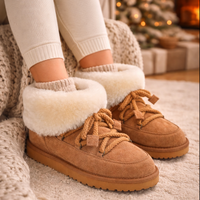 Sepatu Bot Pendek Wanita Bahan Suede Kulit Sapi Asli dengan Tali, Lapisan Kulit Domba Asli, Sol EVA Anti-Selip, Hangat, Lembut untuk Musim Dingin