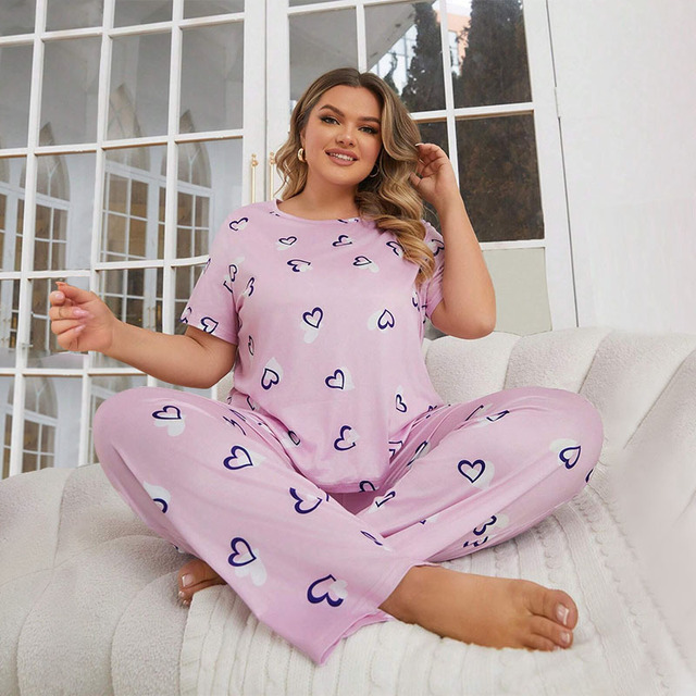 Ladymate ODM/OEM Conjunto De Pijama Para Mujer Woman Casual Plus Heart Print Pajama Sets Sleepwear Sets Plus Size Pajamas Sets