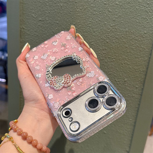 Cartoon KT <b>Cat</b> Flower Mobile Phone case for iPhone 17 Air 16 15 Pro Max Mirror Bow cute Camera Frame glass 3D Diamond back Cover - Product Image 6