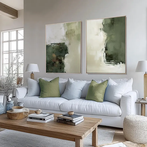 Ensemble <span class=keywords><strong>de</strong></span> 2 peintures abstraites vertes et blanches à l'huile <span class=keywords><strong>sur</strong></span> toile Texture vert foncé <span class=keywords><strong>peinture</strong></span> verte sauge décoration murale abstraite moderne - Product Image 2