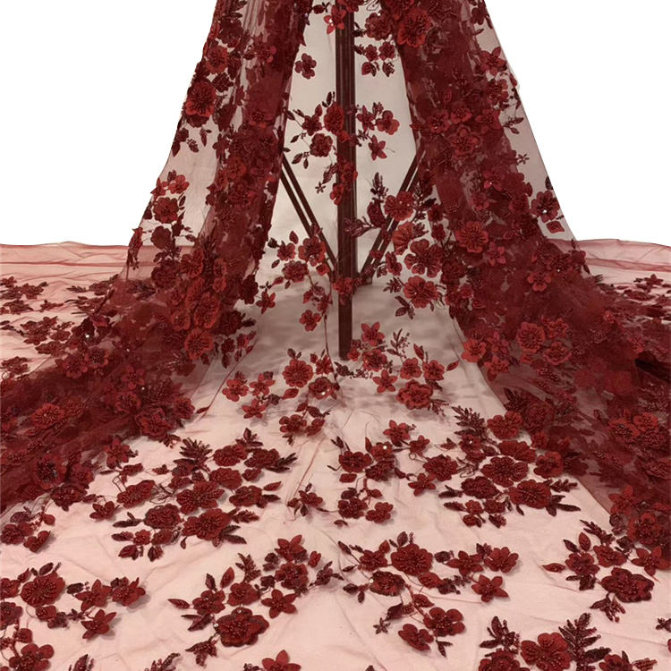 Gorgeous Red Fabric Applique Satin Lace Beads Embroidery Organza Fabric  African Embroidery Net Lace
