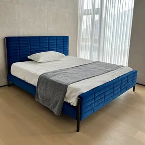 Sandaran kepala untuk tempat tidur Queen Modern Italia beludru biru tua tempat tidur logam sederhana tempat tidur jok mewah ukuran Queen
