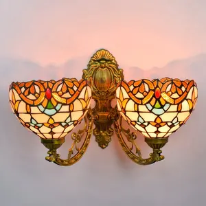 Venta al por mayor American Corridor Tiffany LED Lámpara de pared de doble cabeza Sconce Lámpara de pared de vidriera barroca