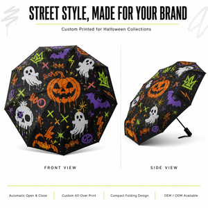 Parapluie de voyage Halloween à ouverture et fermeture automatiques, motif chat noir et citrouille mignon, tissu coupe-vent et imperméable pour les fêtes d'Halloween - Product Image 5