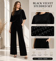 Ensemble deux pièces en velours noir pour femme avec strass, haut ample à col rond et pantalon large, tenue de soirée de boutique OEM ODM