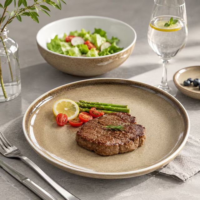 Wholesale Guangda Grey Reactive Glaze Stoneware Dinnerware Set | 4-Piece Handcrafted Ceramic Plates Bowls | Lead-Free Prop 65