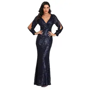 Robe de soirée à col en v grande taille pour femme, multicolore, manches longues, paillettes, queue de poisson, livraison directe, collection automne, hiver