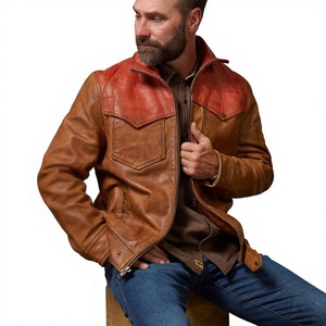 Veste en cuir véritable pour homme, col rabattu, fermeture éclair sur le devant, couleur unie, style motard, vêtement d'automne - Product Image 5
