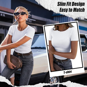 Camiseta Básica de Cuello Redondo Acanalado para Mujer, Manga Corta, Ajustada, Informal, para Uso Diario y Estilo Urbano - Product Image 3