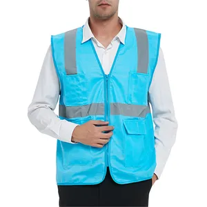 Unisex Custom Logo Rits Vesten Outdoor Vrijwilliger High Visibility Utility Blue Mesh Veiligheidsvest Reflecterend