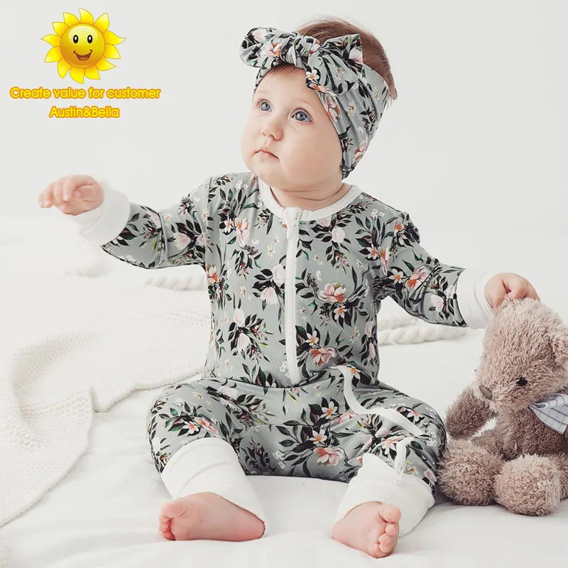 Fabricante personalizado impreso ropa de bebé fibra de bambú viscosa Spandex bebé mameluco cremallera diseñadores etiqueta Logo Boutique ropa