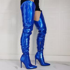 Bottes hautes en cuir verni, bleu Royal, pour femme, chaussures à talons fins, personnalisés, jambes larges, <span class=keywords><strong>grande</strong></span> <span class=keywords><strong>taille</strong></span>, <span class=keywords><strong>cuissardes</strong></span> - Product Image 3