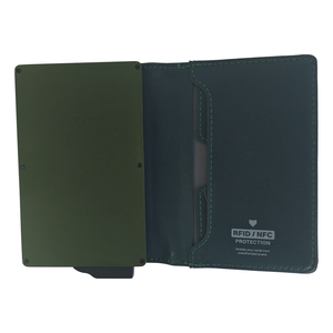 Tarjetero Unisex de Cuero PU con Protección RFID, 6 Pulgadas, Corto, Verde Oscuro con Interior Color Oliva, Diseño Minimalista - Product Image 1