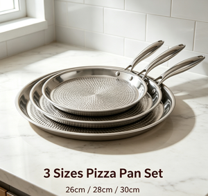 Set di Teglie per Pizza in Acciaio Inox Tri-Ply 26cm 28cm 30cm, Superficie Martellata a Nido d'Ape Antiaderente, Compatibile con Induzione, Padella Resistente - Product Image 3