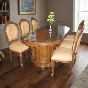 Luxe Antique Français Table À Manger Ensembles 6 Chaises Sculpté À La Main En Bois De Teck Massif Classique Meubles De Maison Cuisine Restaurant Hôtel - Product Image 3