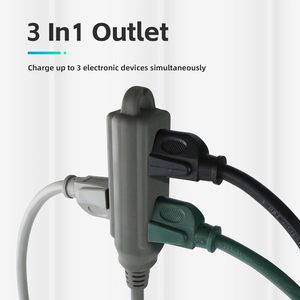 สายพ่วงปลั๊กแบนแบบบาง 3 ฟุต - สายไฟ 3 ขาแบบมีสายดิน ขนาด 16 AWG พร้อมเต้ารับ 3 ช่อง รองรับกระแสไฟ 13A สำหรับใช้งานภายในอาคาร สีเทา - Product Image 3