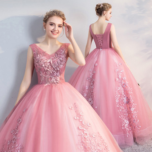 V Neck Tulle Ball Gown Red Bean Paste Color Floral Print Empire Waistline Evening Dress For Women - Product Image 1