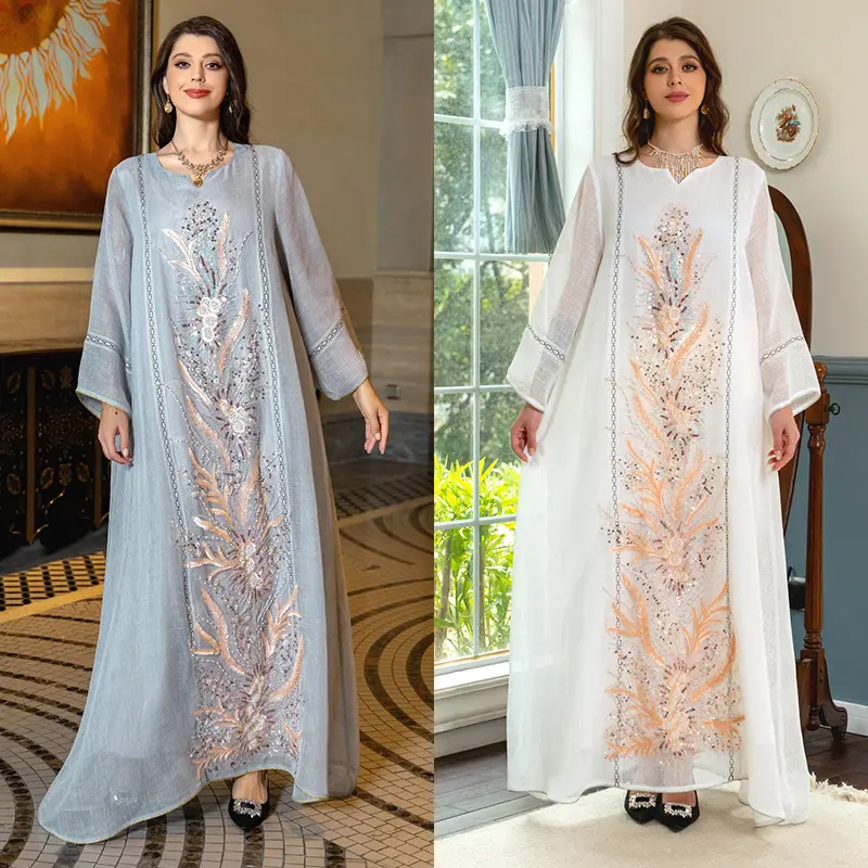 Hifive jalabiya thêu đính cườm dài khiêm tốn EID phụ nữ kaftan abaya hồi giáo Dubai abaya Dresses Trắng ăn mặc phụ nữ cho hồi giáo