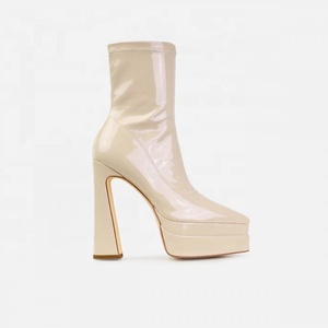 Custom Bright Patent <b>Shoes</b> Women's Daily Short Block High Heels Pointy Toe <b>Shoes</b> Double Platform Ankle Boots Side Zipper - Product Image 5