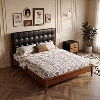 Lit double vintage en bois massif de frêne avec tête de lit capitonnée en cuir et pieds à tiges – Meubles de chambre en gros