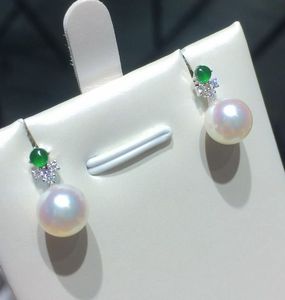 18k Solid Gold Akoya Pearl <b>Earrings</b> with Emerald and Crystal 7-7.5/7.5-8mm Round Pearl Jewelry <b>Fine</b> <b>Earrings</b> for Women - Product Image 2