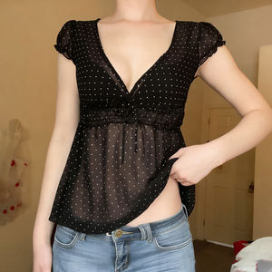 Camiseta de malla Y2K para mujer, estilo vintage, con cuello en V, estampado de lunares, cintura fruncida, ajuste ceñido, top sexy, moda 2026 - Product Image 3