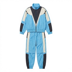 Custom Logo Men's Blue Color Block Nylon Tracksuit 2 Piece Set Vintage Streetwear Windbreaker Jogger Pants - Product Image 1