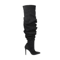 Bottes d'hiver pour femmes en denim froissé, à talon haut en cuir, bout pointu, montantes jusqu'au-dessus du genou, style mode automne-hiver