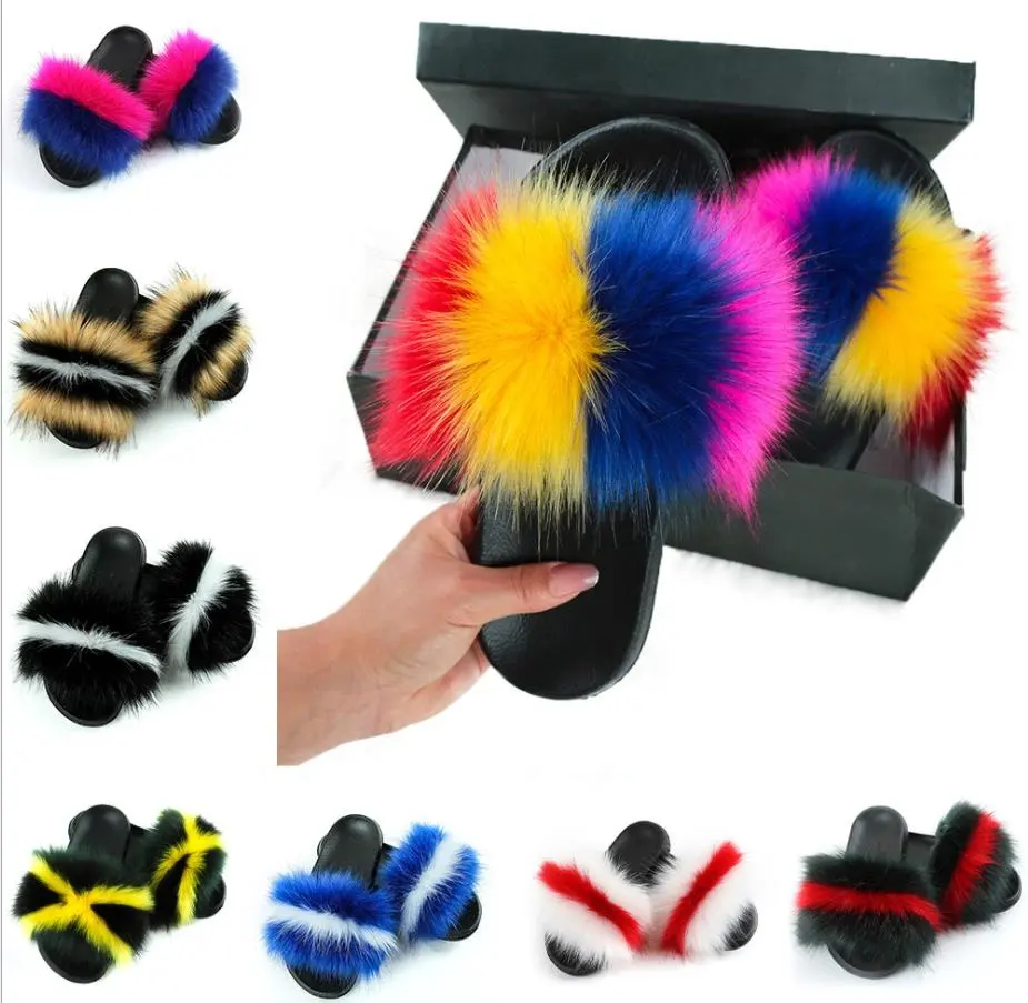 2021 custom logo home winter slide fashion house designer fur slippers fake fluffy faux fox fur slides for women