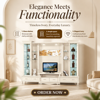 Meuble TV extensible moderne et minimaliste en bois blanc avec éclairage LED à couleur réglable et étagères, à poser au sol pour salon