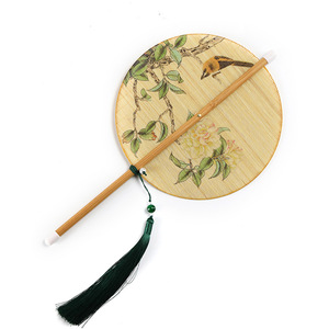 Éventail rond traditionnel chinois en bambou, peint à la main sur soie, avec pompon vert, pour accessoire de costume féminin - Product Image 5