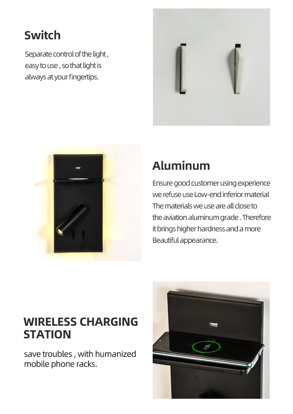 Wholesale Supply Oem Odm Wireless Usb Charging Metal Adjustment Led Bedside Wall Lamp For Bedroom