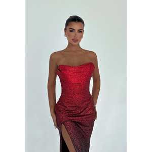 <b>Red</b> Two-<b>Tone</b> Toulon Prom Dress Formal A-Line Ball Gown with Lace and Beading Empire Waistline Simple Style XL Size - Product Image 2
