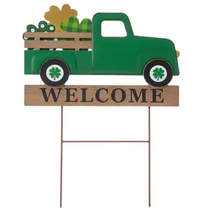 Letrero de jardín de San Patricio con estaca, decoración colgante de camión de madera y Metal para Patio al aire libre, césped, Patio al aire libre