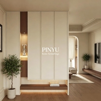 Armoire de rangement d'entrée bicolore beige et noyer en composite, avec plusieurs tiroirs, panneau en verre ondulé et miroir intégré