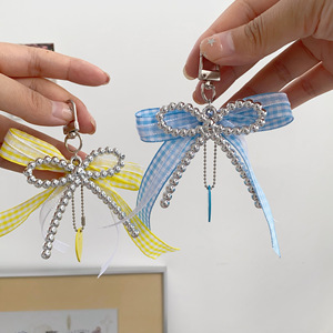 Porte-clés Y2K coloré et mignon à carreaux avec nœud, pendentif cœur en dentelle et perle pour décoration de sac à main, cadeau pour fille, fabrication de bijoux DIY - Product Image 5