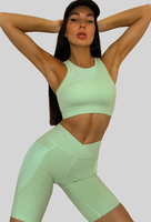 Ensemble de vêtements de sport actifs pour femmes, shorts de yoga de fitness, logo personnalisé, maille à empiècements, ensemble de 2 pièces, soutien-gorge de yoga, pantalon de course