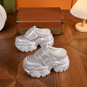 Rhinestone Thick Soled <b>Half</b> <b>Slip</b> On Women's Sandals 2026 Summer Breathable 10CM Hidden Heel Round Toe Sandals - Product Image 5