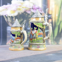 Chope à bière en porcelaine allemande avec couvercle en aluminium, peinte à la main, art populaire bavarois traditionnel, compatible lave-vaisselle, capacité 250-550 ml