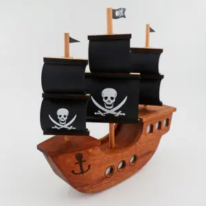 Pirate Ship Wooden Decoration With LED Light Rechargeable Battery Home Office Handicraft Premium Wooden Gift Nautical Decoration