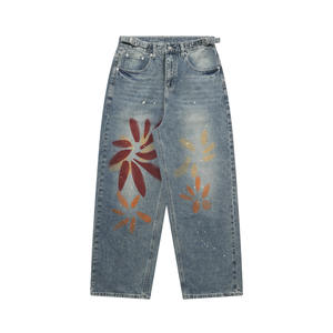 Couleur Imprimé Diamant Strass Broderie Hip Hop Bleu Royal Hommes Jambe Large Coton Denim Jeans en Vrac - Product Image 5