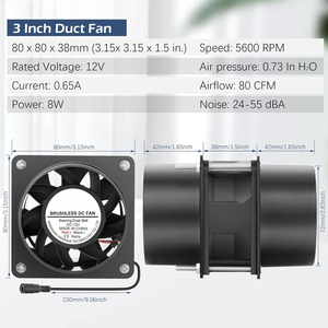 Ventilateur <span class=keywords><strong>de</strong></span> conduit en plastique <span class=keywords><strong>de</strong></span> 3 pouces 80x38mm avec contrôleur <span class=keywords><strong>de</strong></span> vitesse, adaptateurs, double roulement à billes, améliore le flux <span class=keywords><strong>d</strong></span>'<span class=keywords><strong>air</strong></span> <span class=keywords><strong>pour</strong></span> garage, atelier, remise, bricolage - Product Image 4