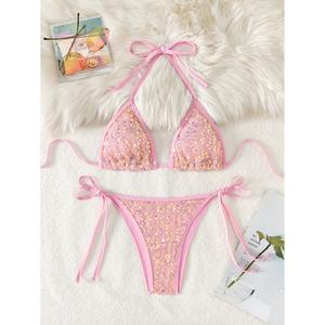 Traje de baño de una pieza para mujer con malla de red y pedrería, a la moda, para playa - Product Image 4