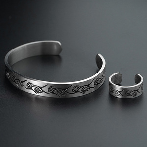 European American Style Feather Leaf Retro Men's Stainless Steel Ring And <b>Bracelet</b> Internet Popular Hipster Student Jewelry <b>Set</b> - Product Image 6