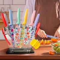Ensemble de 16 couteaux de cuisine en acier inoxydable avec revêtement antiadhésif, accessoires et éplucheur inclus, avec bloc de rangement